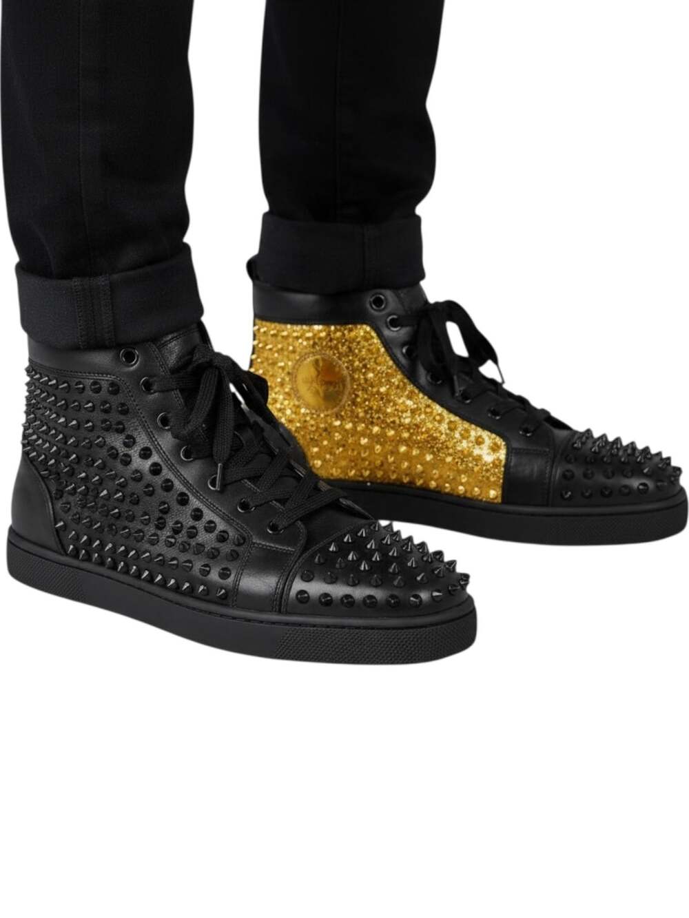 Christian Louboutin Louis Spikes High Top Leather Sneakers Black Gold Size 41